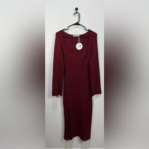 ANRABESS Women’s  Burgundy Square neck Long Sleeve  Dress Ribbed Bodycon Sz XL